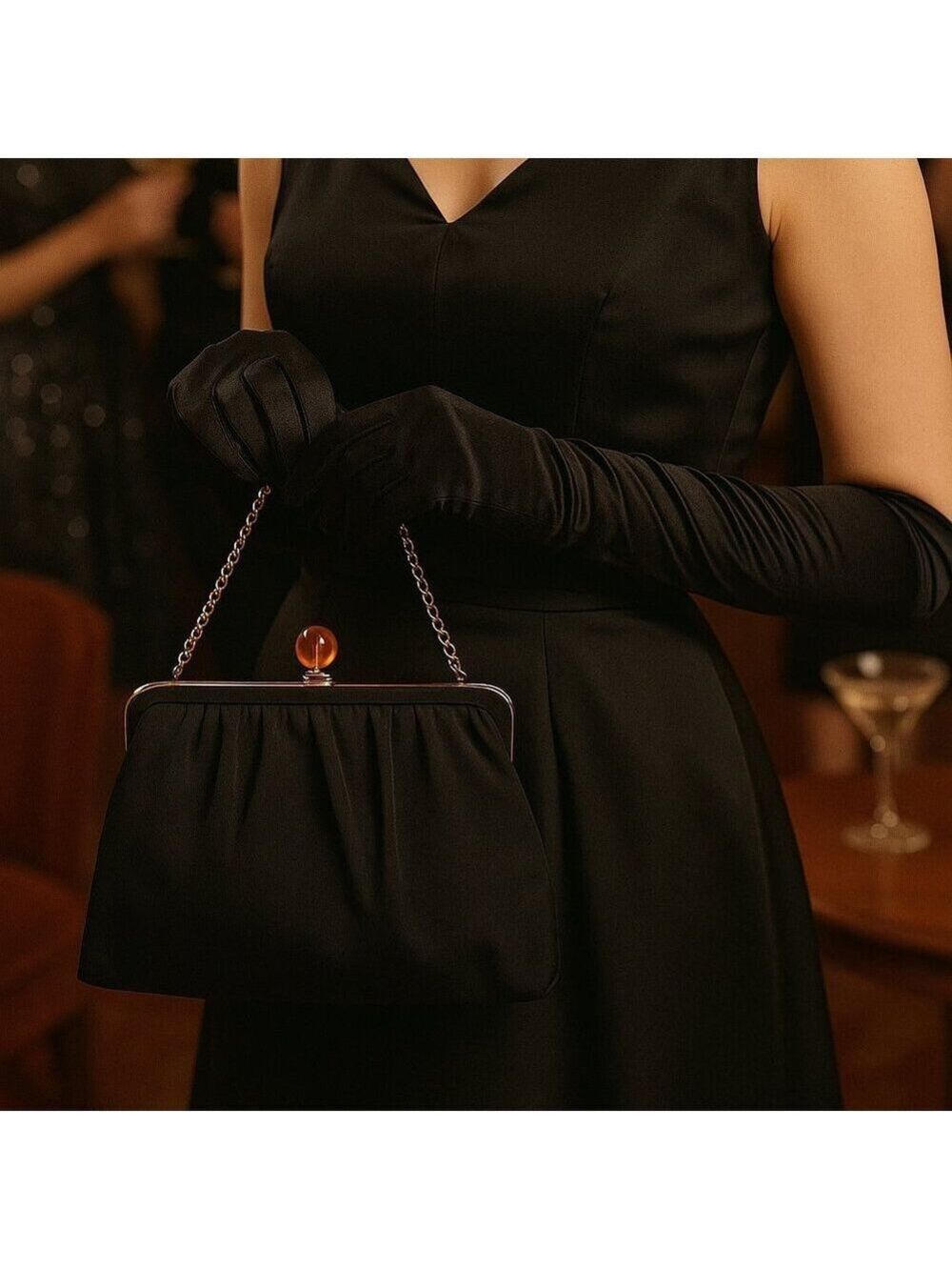 Vintage Andé Black Satin Evening Clutch w/ Amber Lucite Clasp & Built-In Mirror